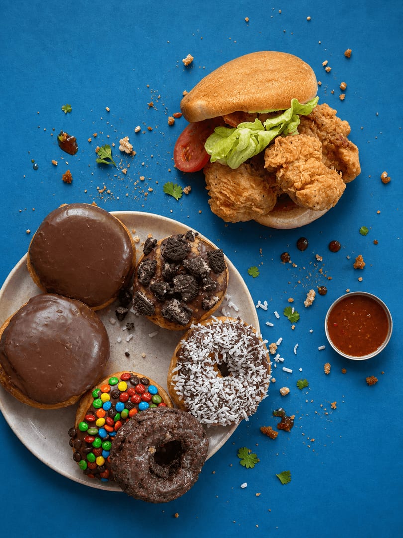 Assorted donuts and fried chicken
